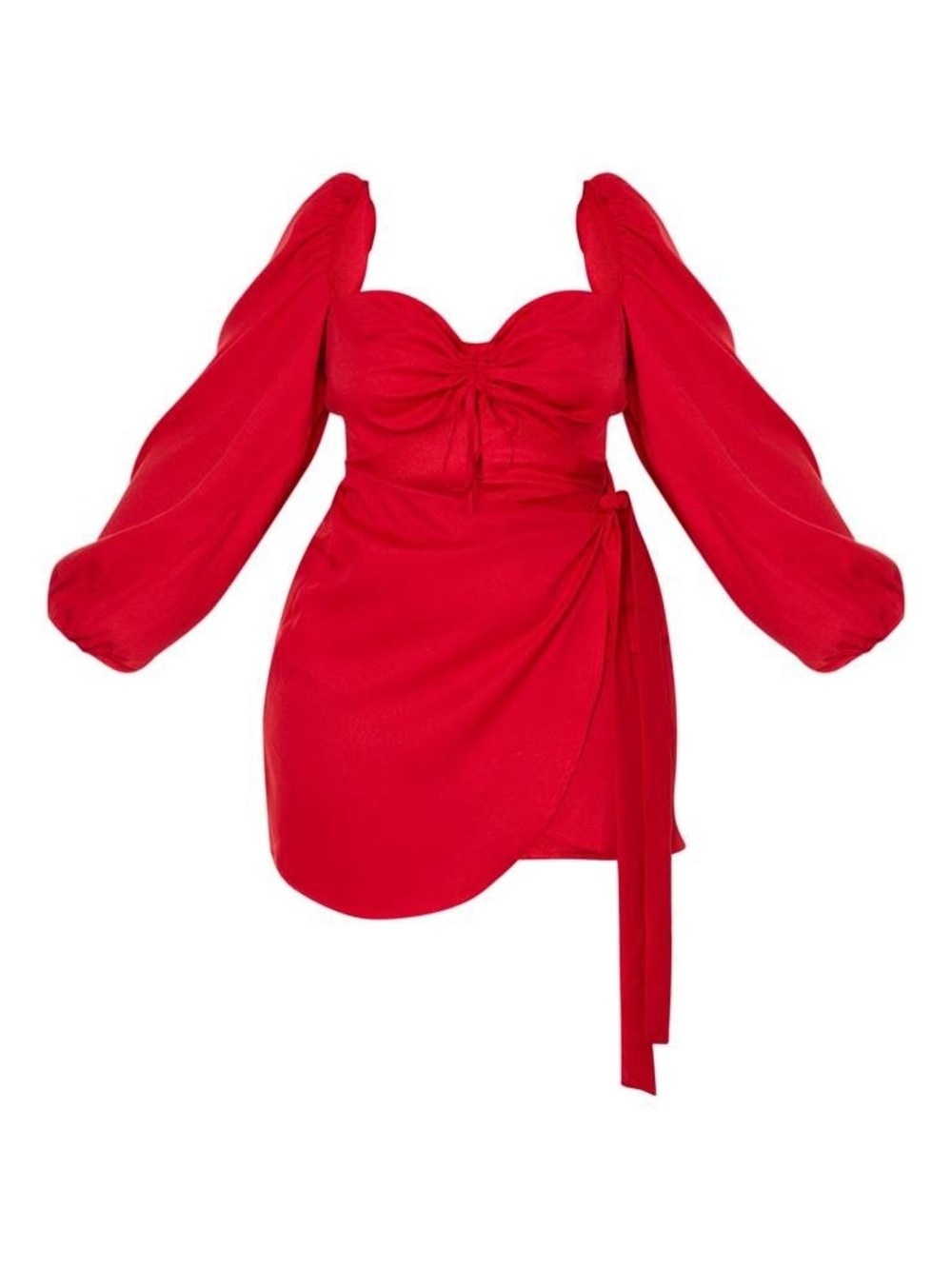 PrettyLittleThing Red Puff-Sleeve Tie-Waist Mini Dress (Size 22UK/18US)
